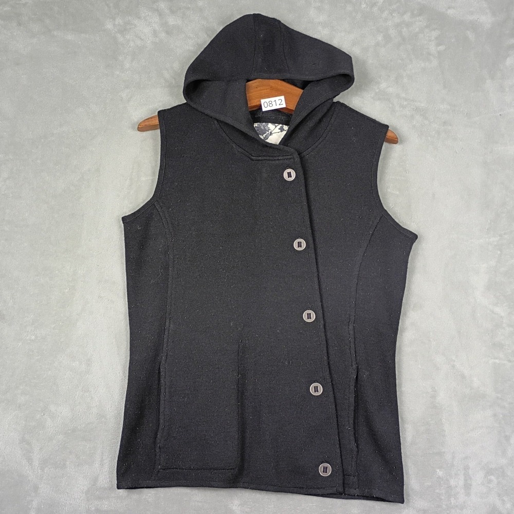 Title Nine Hooded Vest Womens M Black Merino Wool Asymmetrical Gorpcore Outdoor
